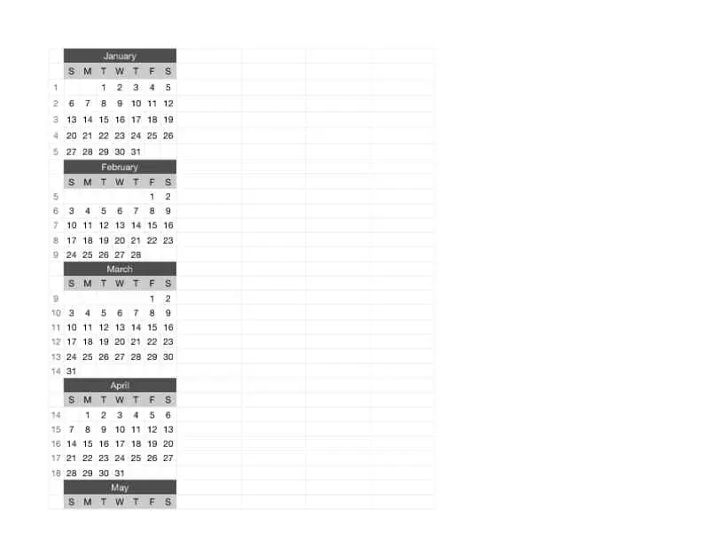 2008 Black and White Calendar January May