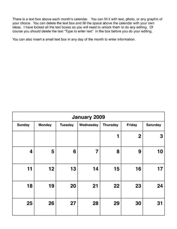 2009 Monthly Calendar Templates January