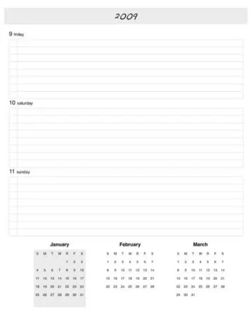 2009 Weekly Planner Pages Days and Month