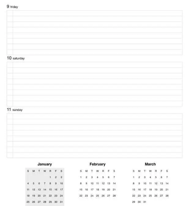 2009 Weekly Planner Pages Days and Month