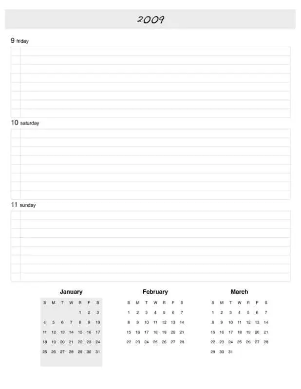 2009 Weekly Planner Pages Days and Month