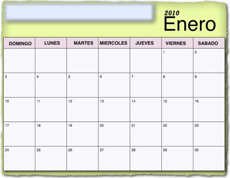 2010 Monthly Calendar (Spanish) with Yellow/Pink Accents