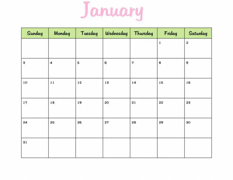 2010 Monthly Calendar in Green and Pink