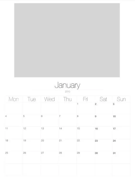 2010 Vertical Photo Calendar with Image Placeholders January