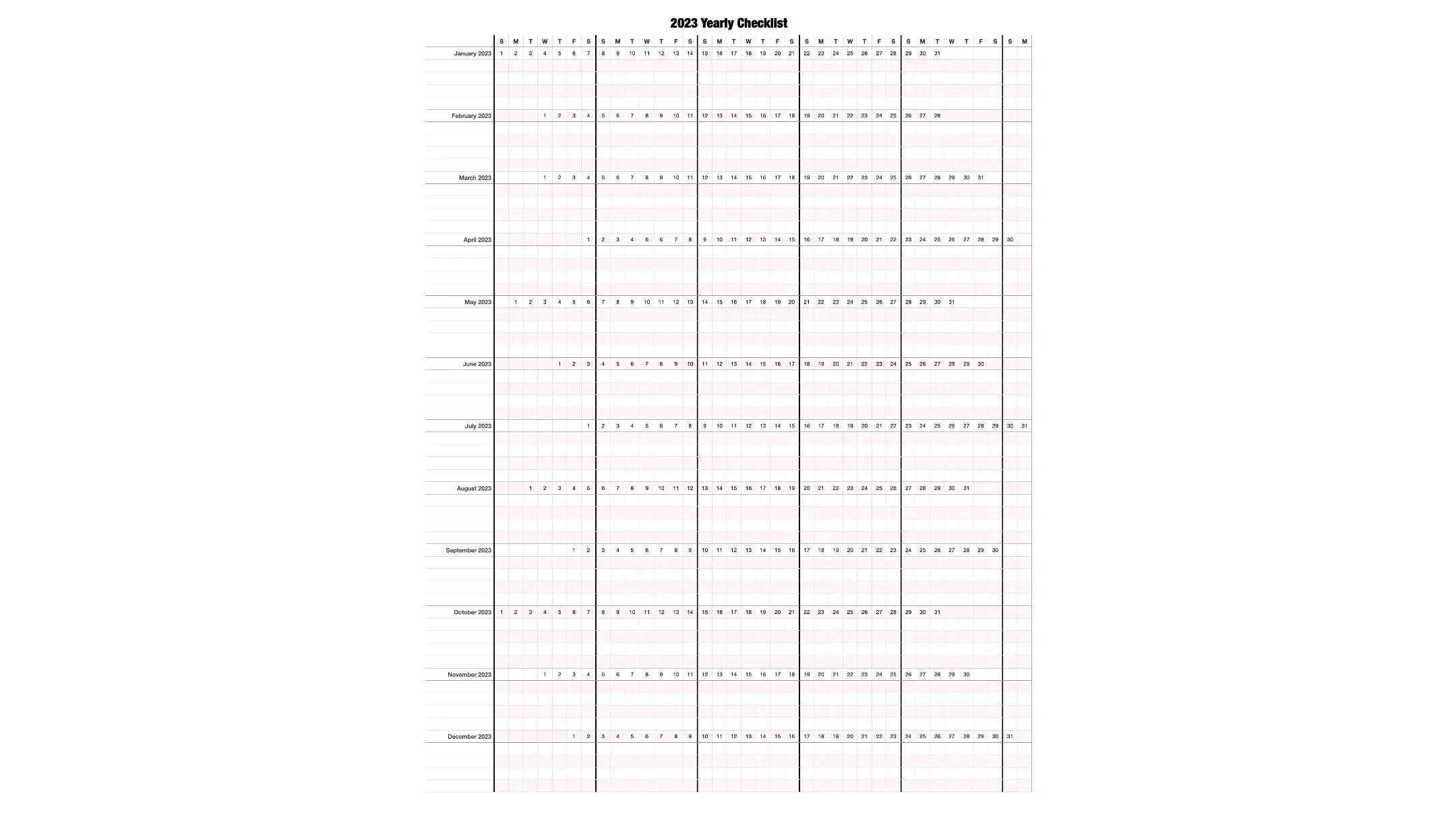2023 Yearly Checklist Calendar