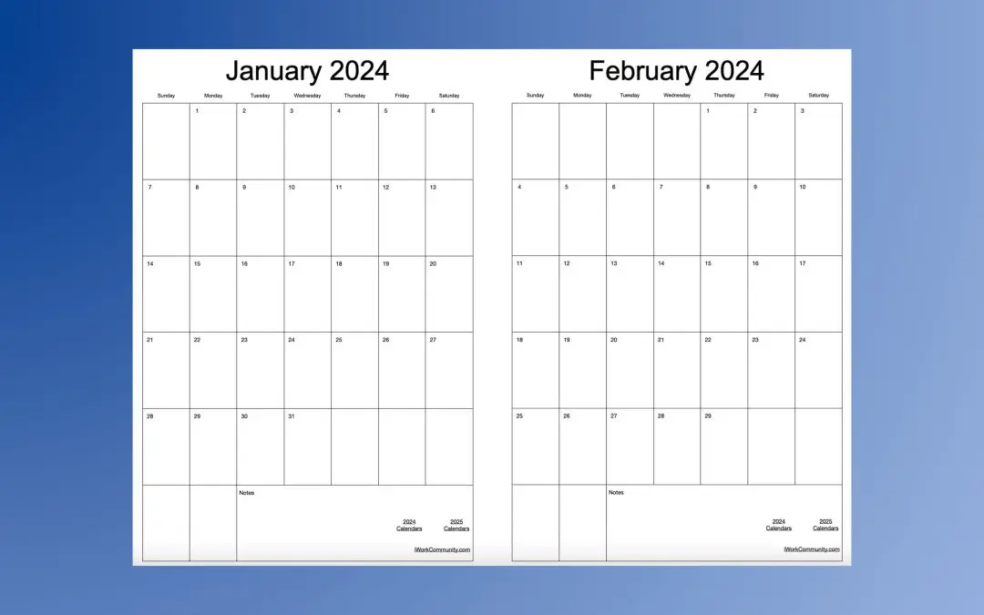 2024 Vertical 2-Up Monthly Calendar Template for Numbers