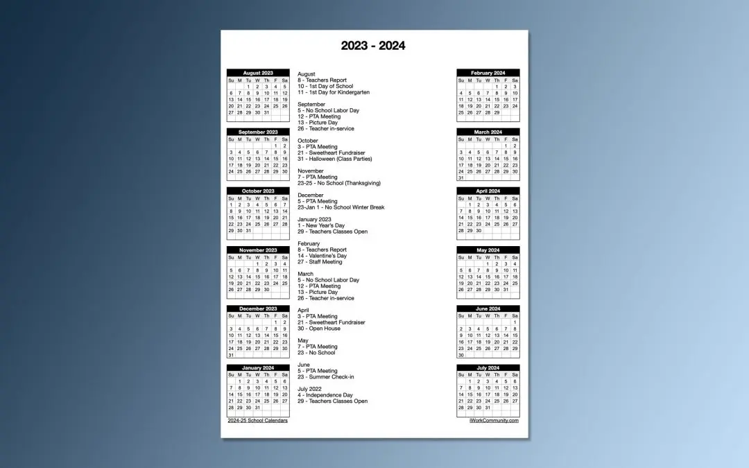 Portrait 2023-24 Yearly School Calendar Template with Center Information
