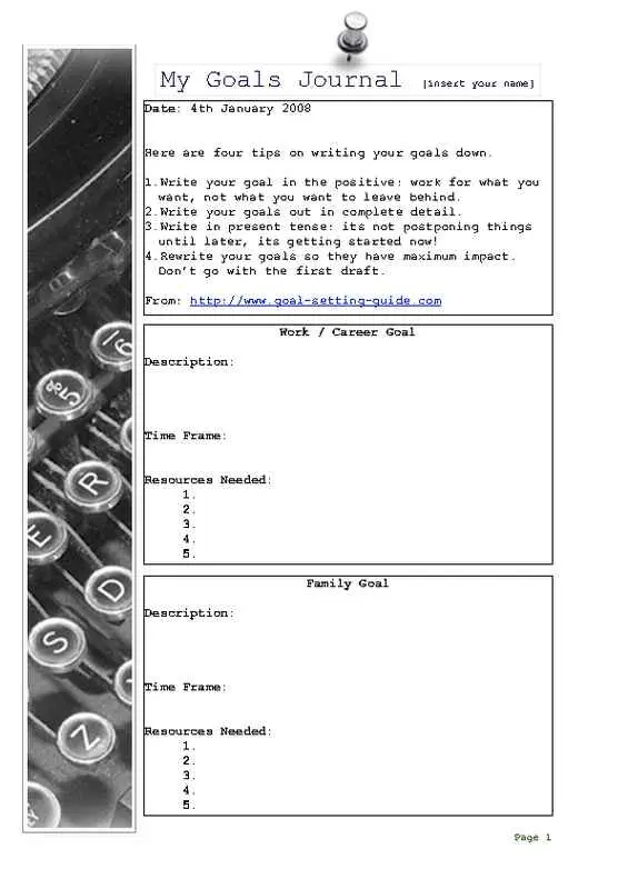 3-Page Journal of Goals Page One