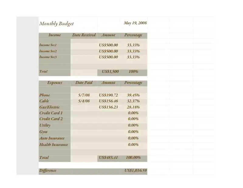 Basic Brown Monthly Budget Worksheet