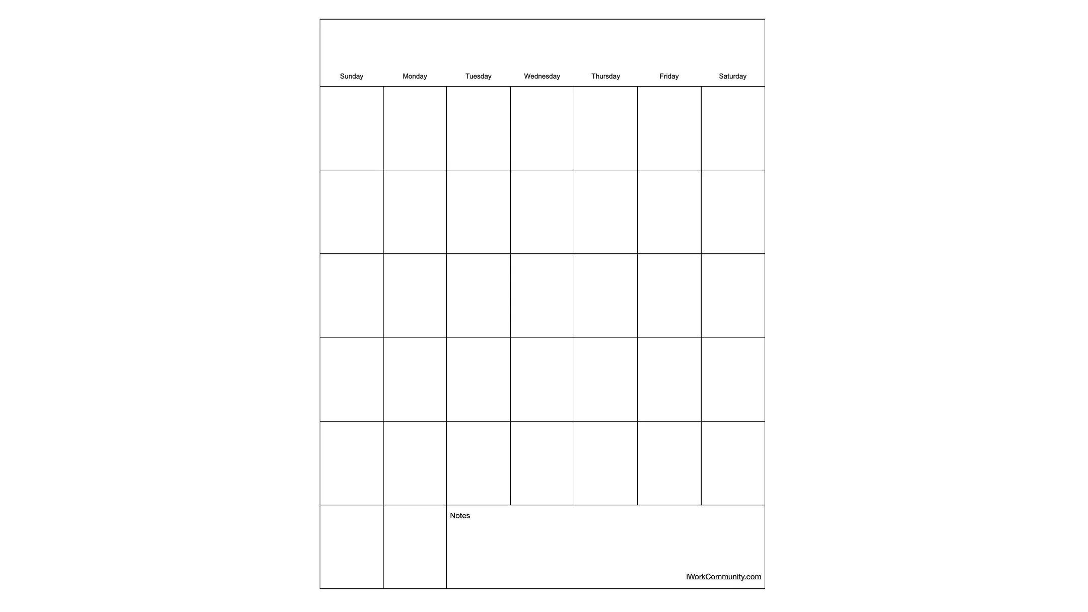 Blank Portrait Calendar Template for Numbers