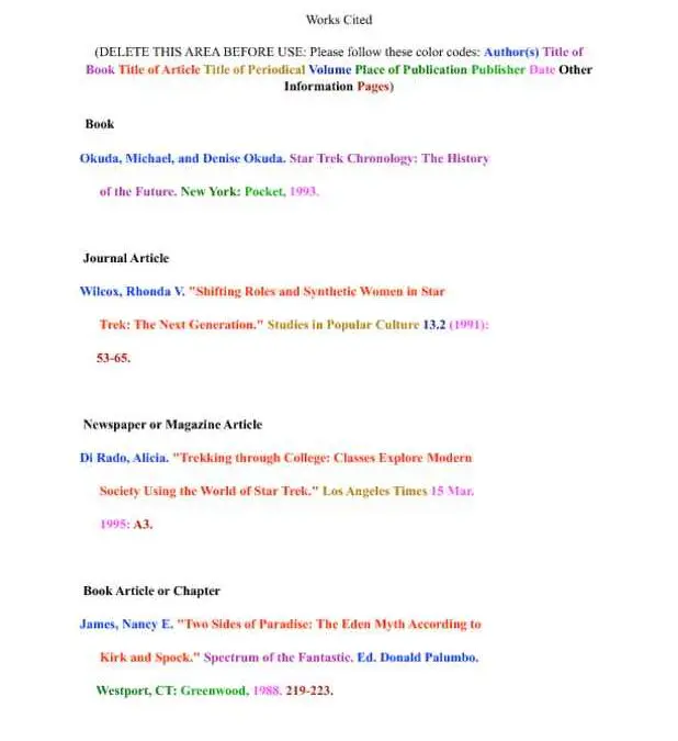 Color-Coded Works Cited for Research Paper Page One
