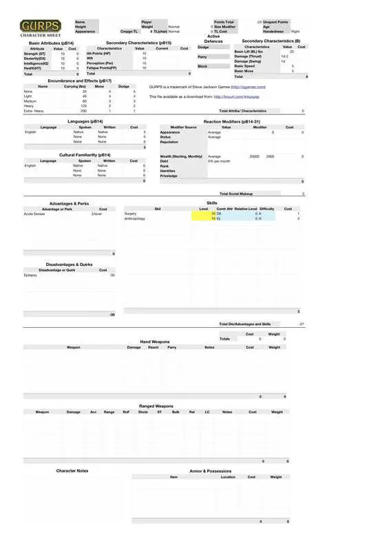Dungeons and Dragons GURPS Character Worksheet