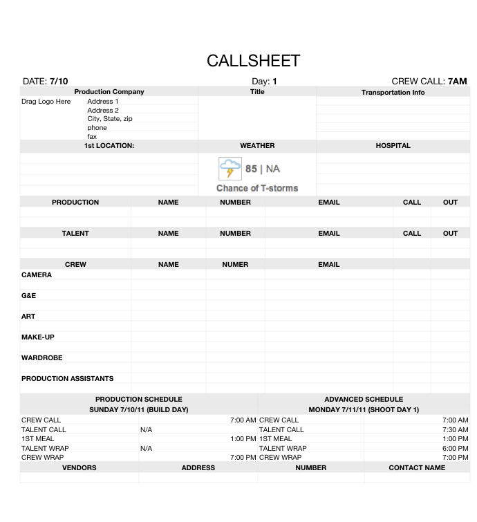 Film Production Call Sheet