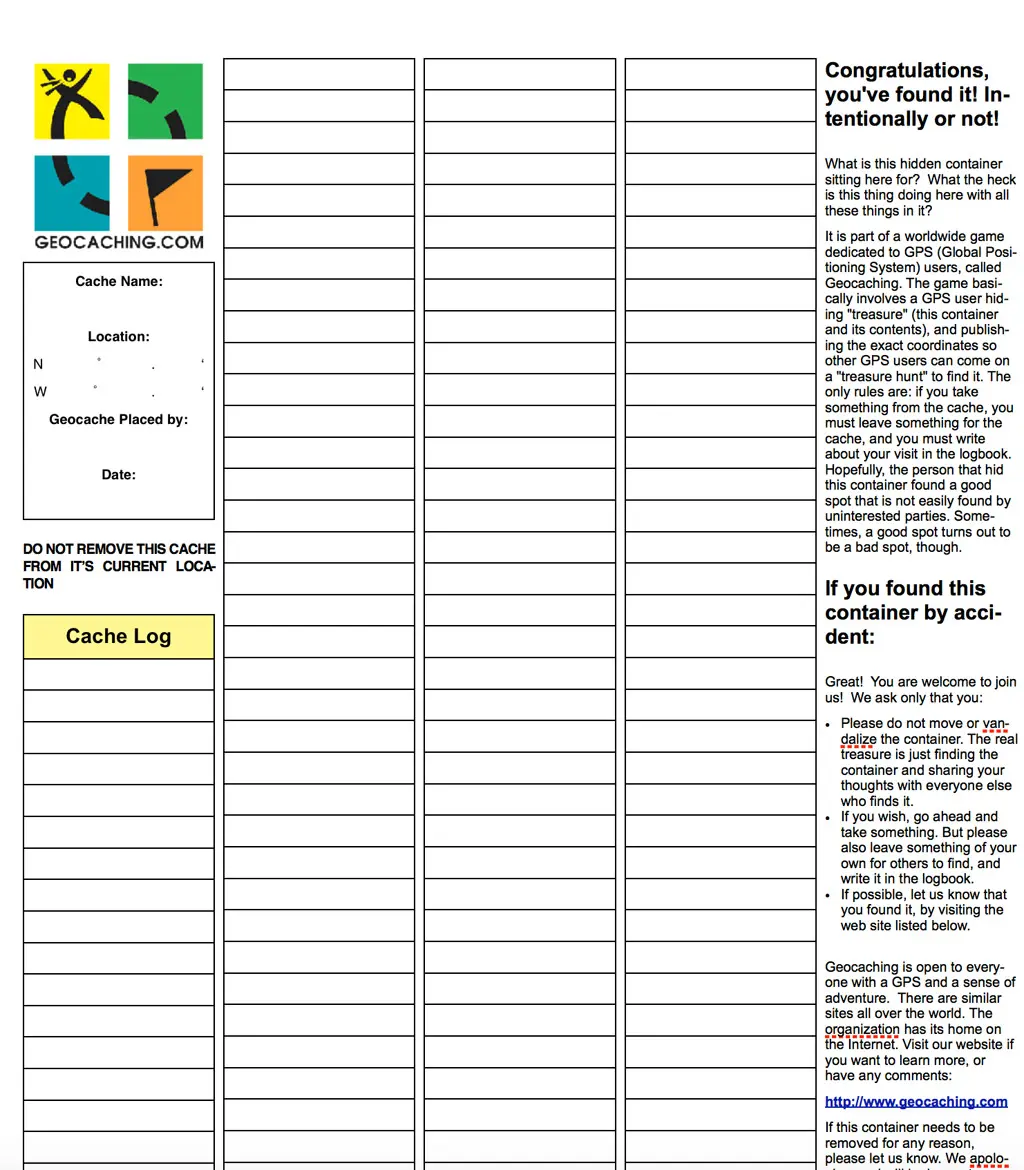 Geocache Log and Instructions