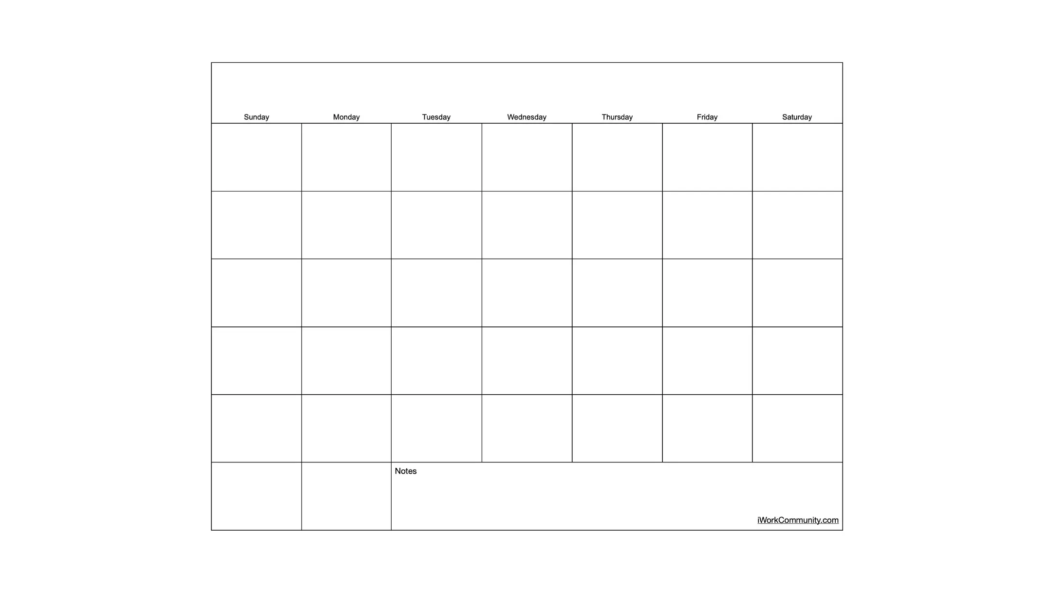 Blank Landscape Calendar Template for Numbers