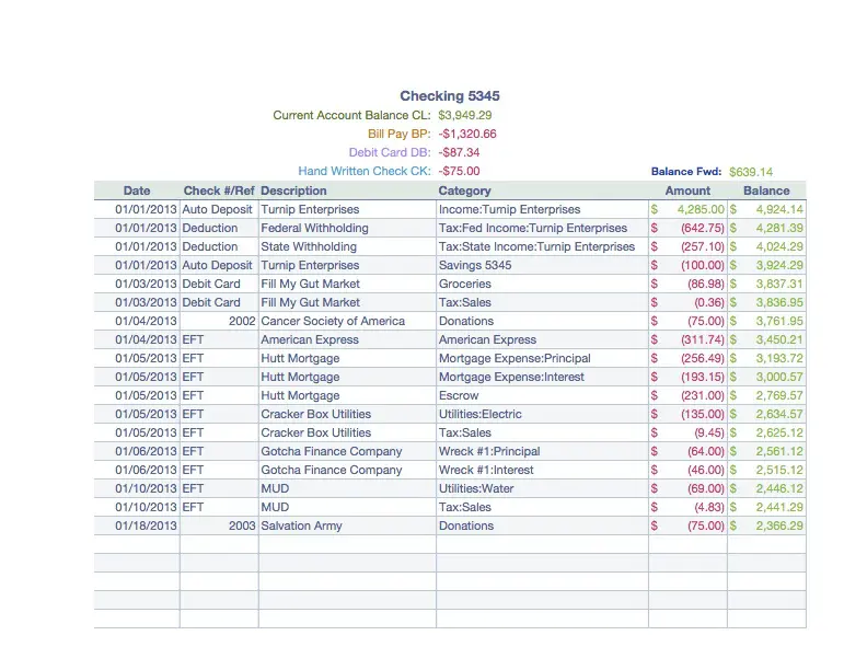 Personal Finance with Checking Log Account Details