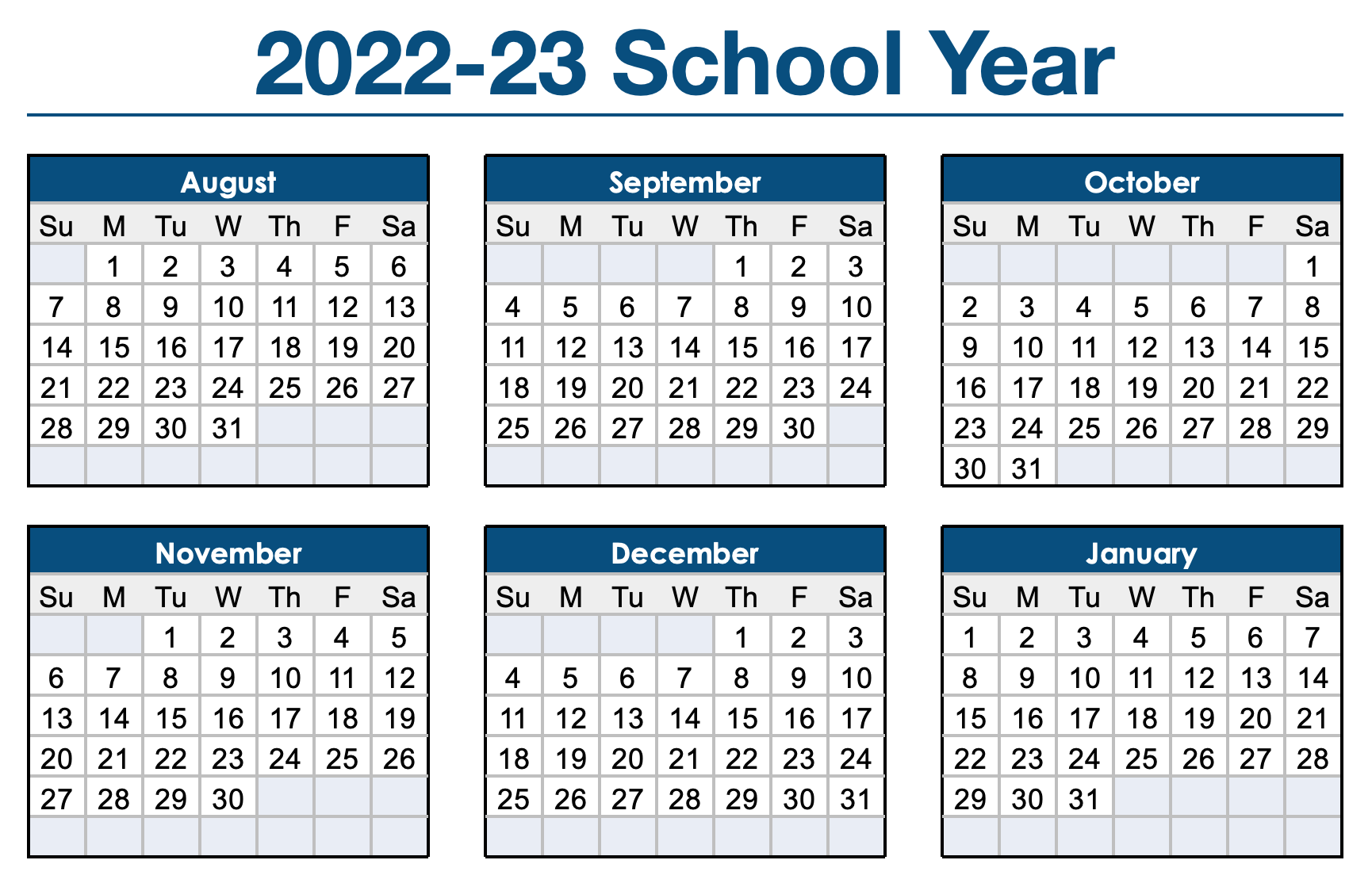 2022-2023 School Year Calendar Template for Numbers