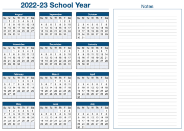 2022-2023 Horizontal School Year Calendar with Notes Template