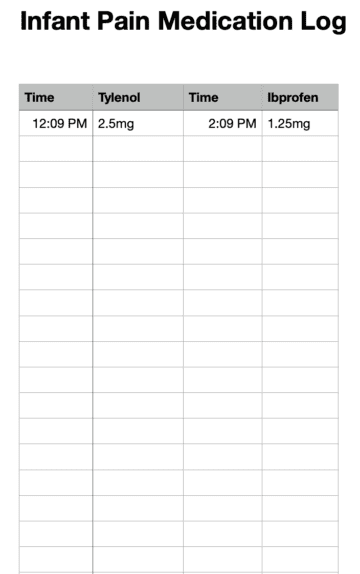 Infant Pain Medication Log for Numbers