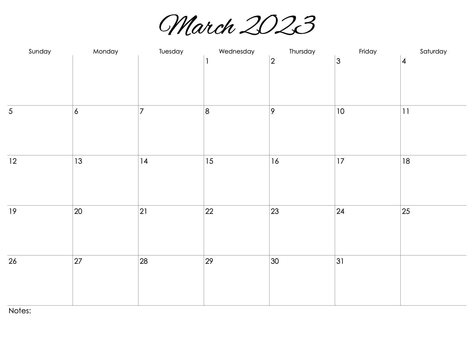 Calligraphy 2022-2023 Horizontal Monthly Calendar Template for Numbers
