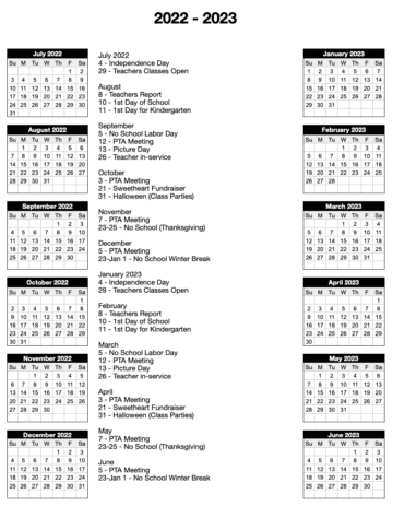 2022-2023 School Calendar with Center Notes