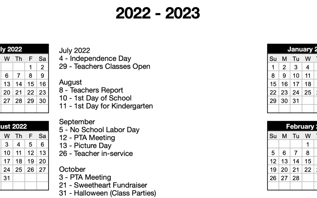 2022-2023 School Calendar with Center Notes