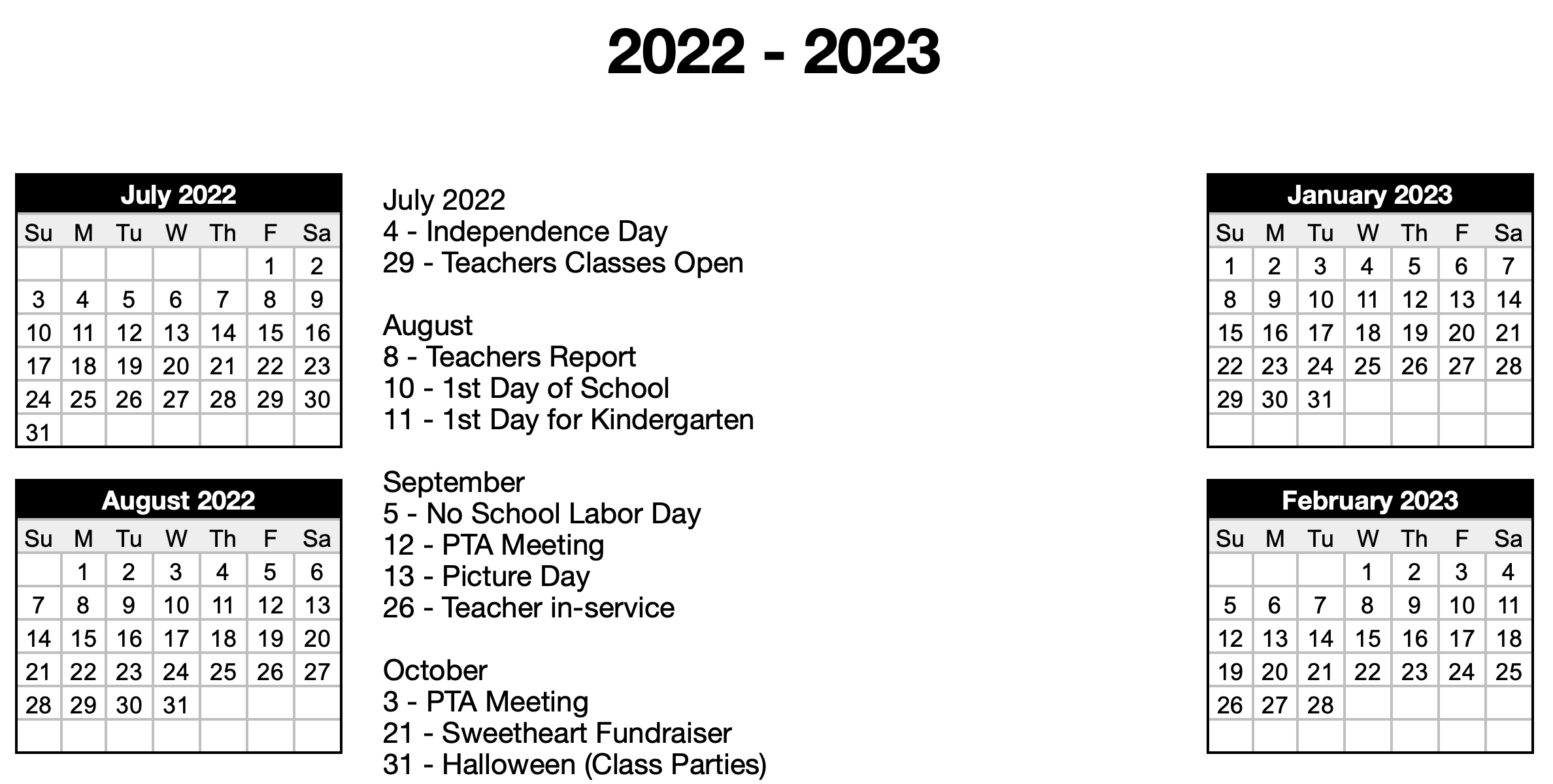 2022-2023 School Calendar with Center Notes