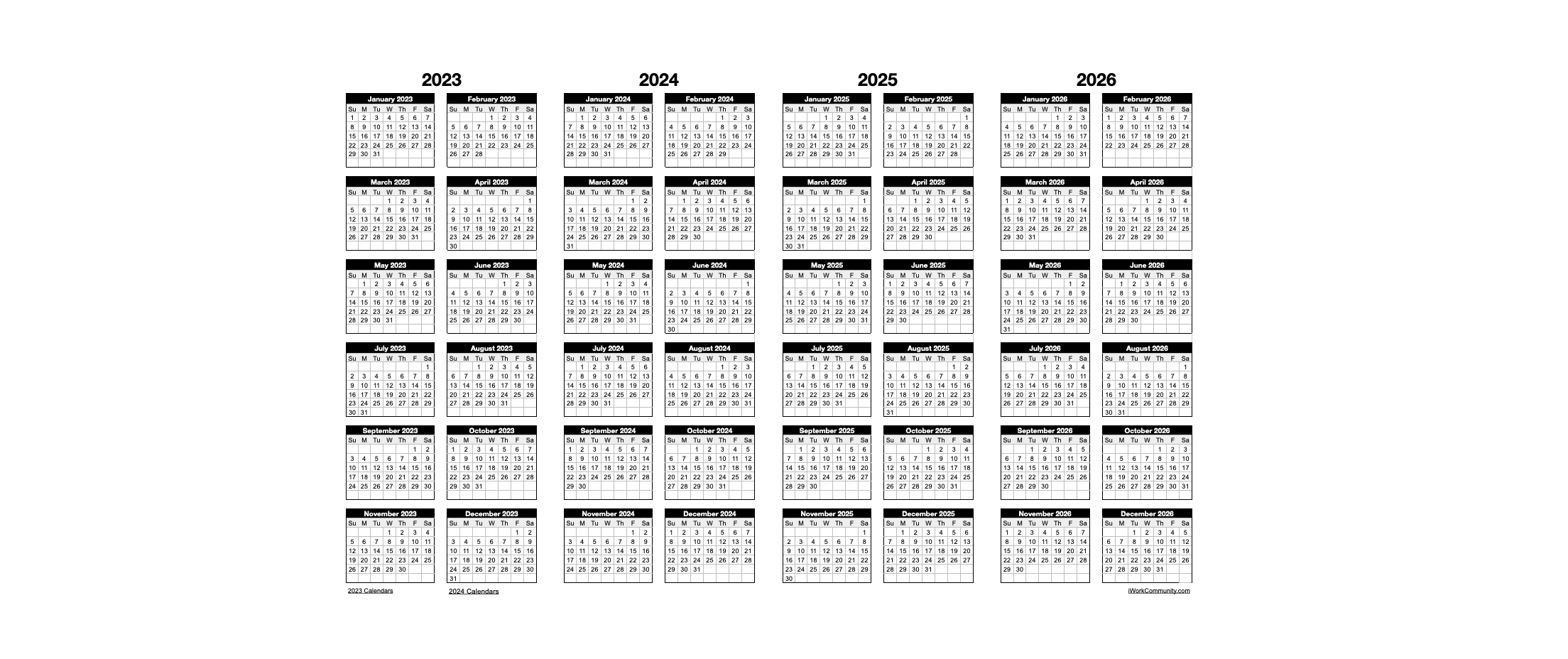 Landscape 2023-2026 Four Year Calendar Numbers Template
