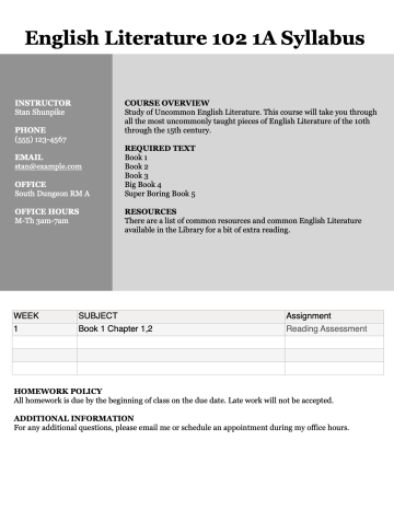 English Literature Syllabus Template