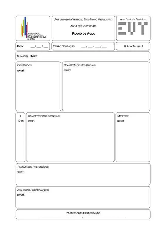 Single-Page Lesson Plan Outline (Portuguese)