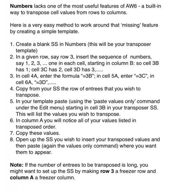 Transpose Rows to Columns in Numbers Article