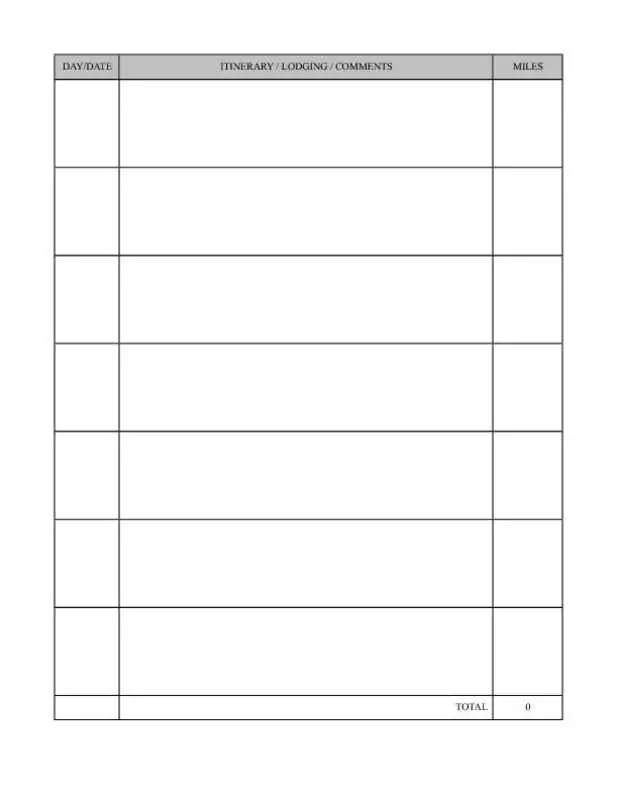 Travel Log with Itinerary and Miles