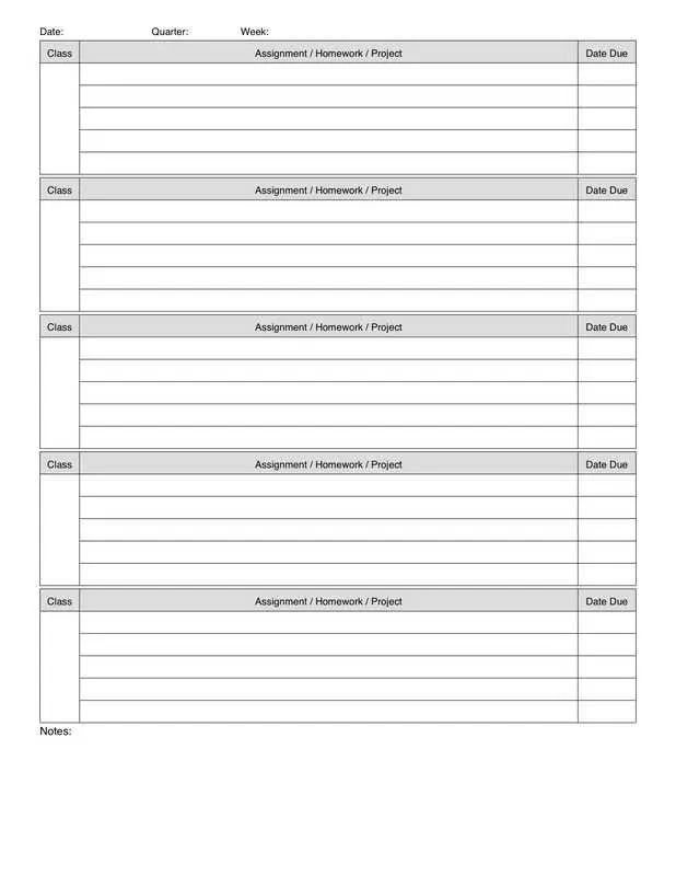 Weekly Homework Assignment Planner Pages
