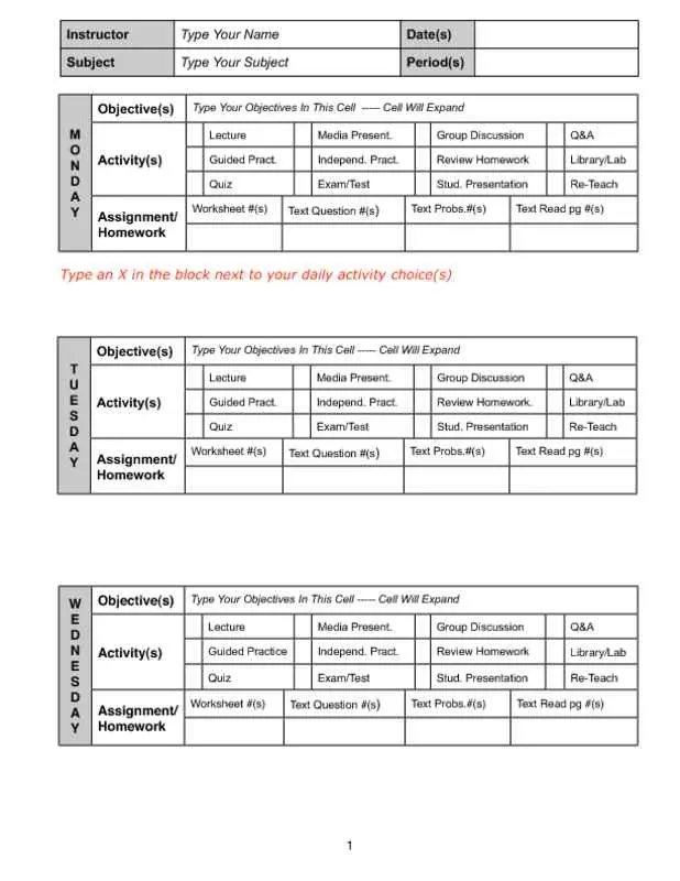 Weekly Lesson Plan Checklist (Portrait) Monday to Wednesday