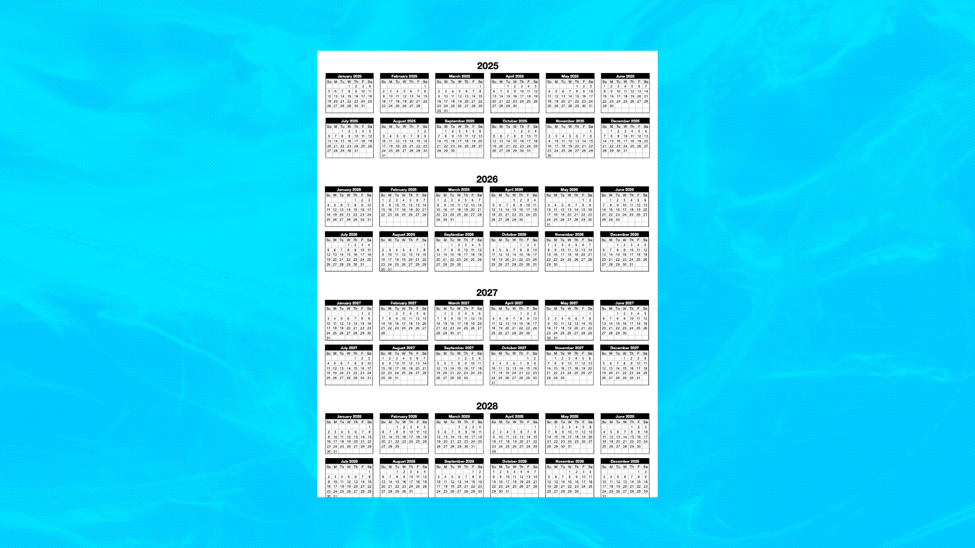 2025-2028 Portrait 4-Year Calendar Template for Numbers