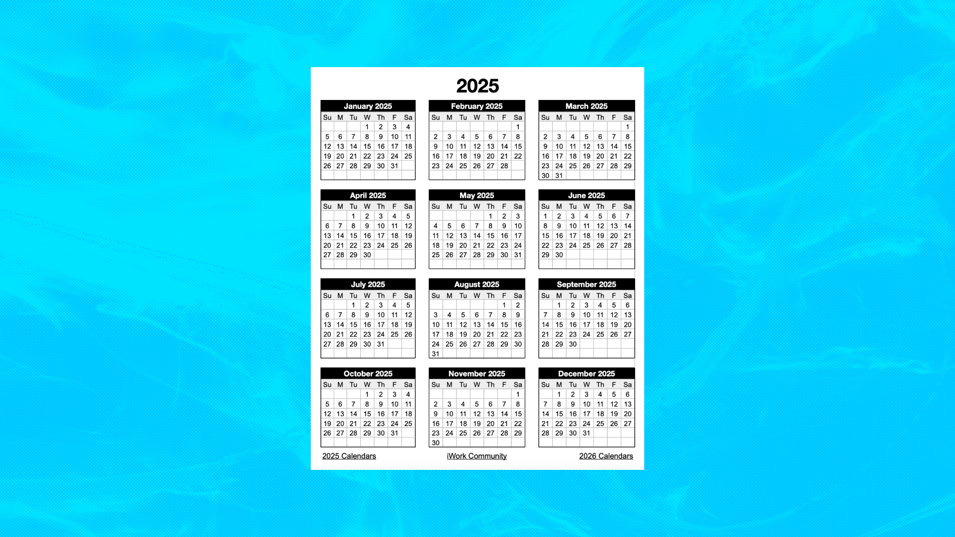 2025 Portrait Yearly Calendar Template for Numbers