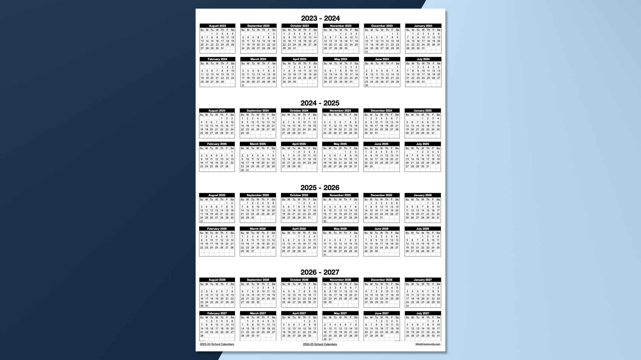 Portrait 2023-2027 Four Year School Calendar Template
