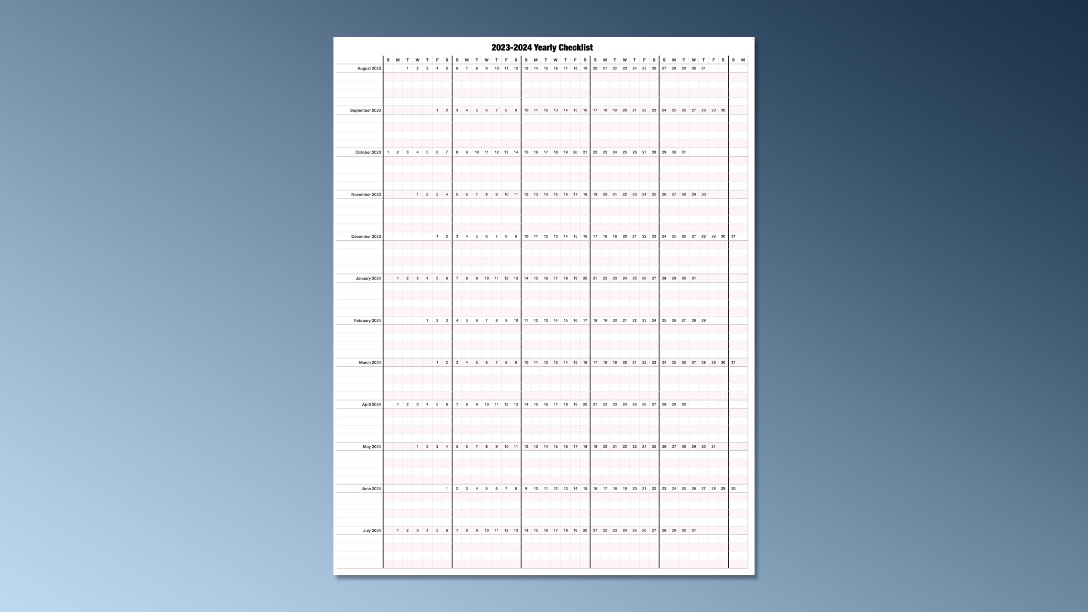 2023-24 Yearly Checklist Calendar