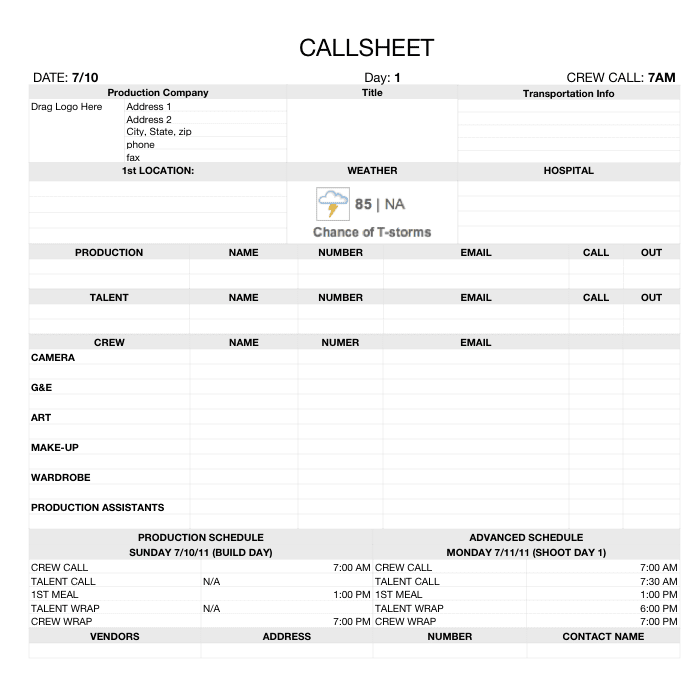 Film Production Call Sheet