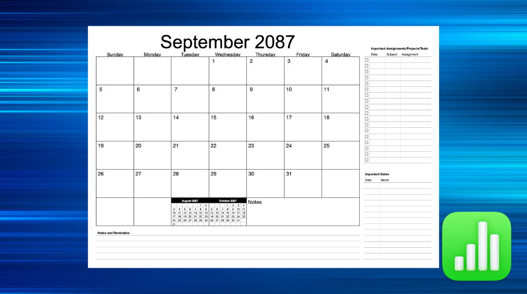 Monthly Academic Planning Calendar for Apple Numbers