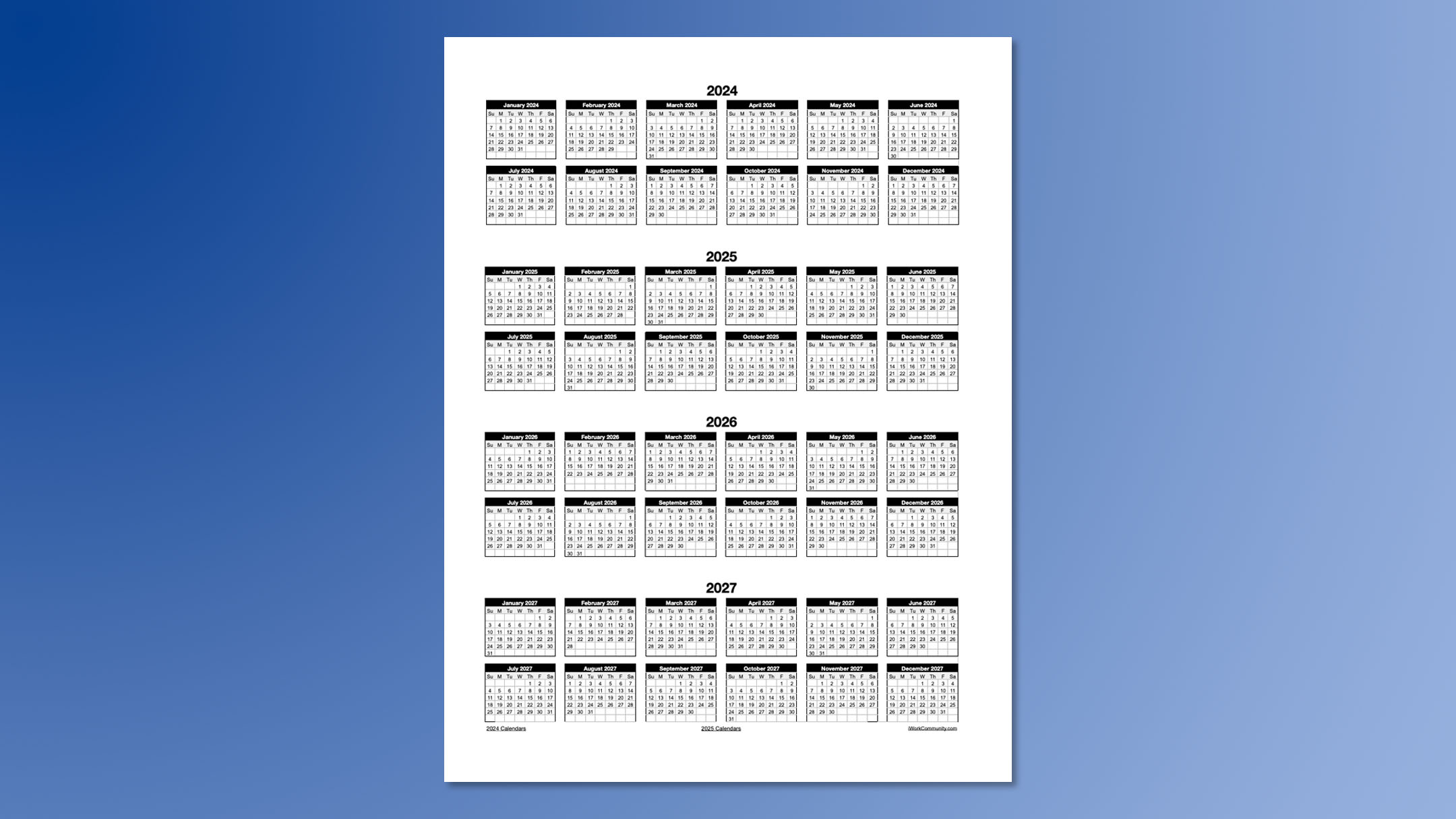Portrait 2024-2027 Four Year Yearly Calendar Template