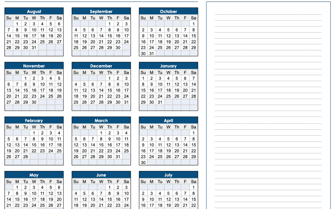 2022-2023 Horizontal School Year Calendar with Notes Template