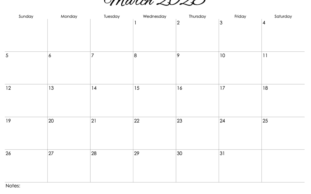 Calligraphy 2022-2023 Horizontal Monthly Calendar Template for Numbers