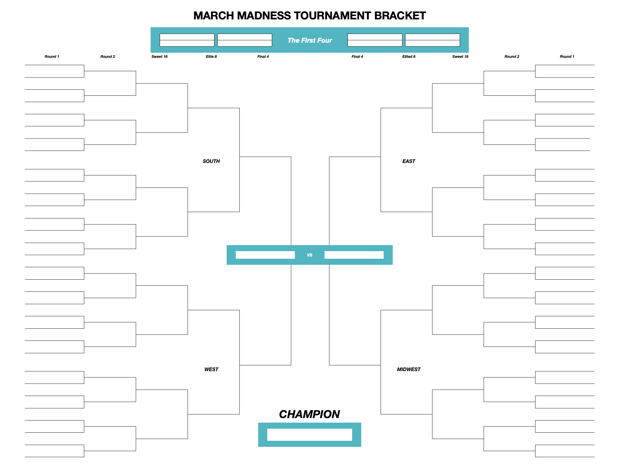 Blank March Madness Tournament Bracket