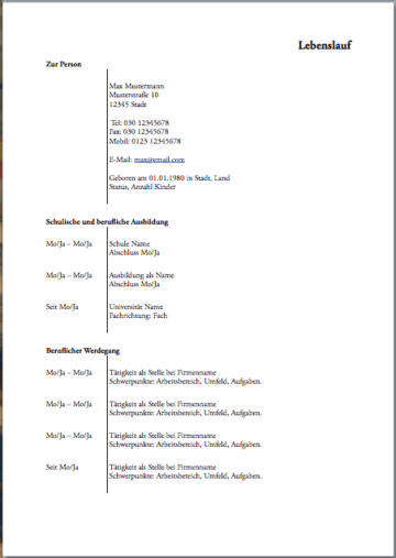 Simple Application Letter with Photo (German) Lebenslauf Page One
