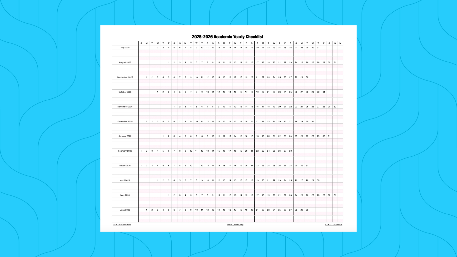 2025-2026 Horizontal School Yearly Checklist Calendar Template