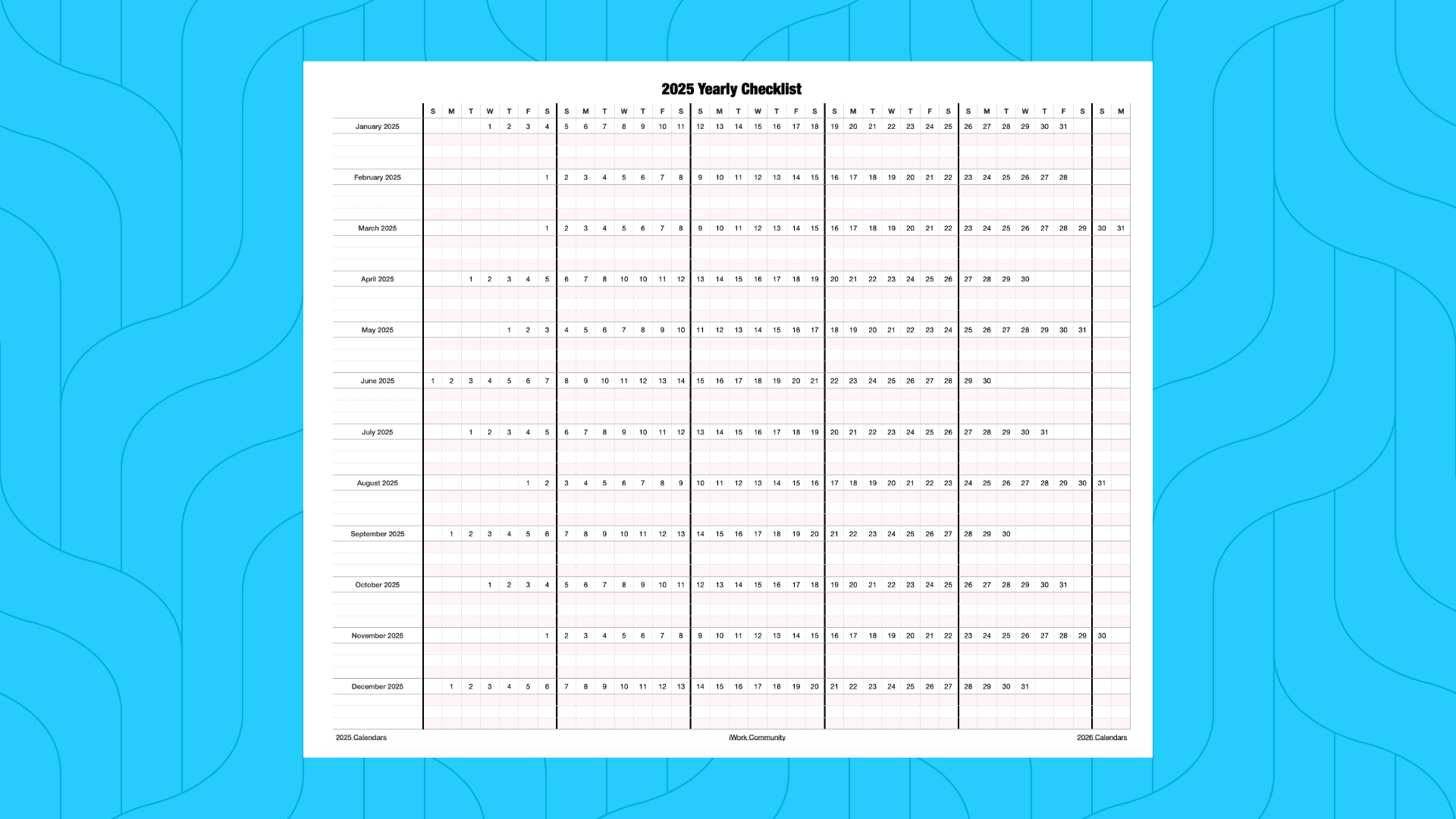 2025 Horizontal Yearly Checklist Calendar Template for Numbers