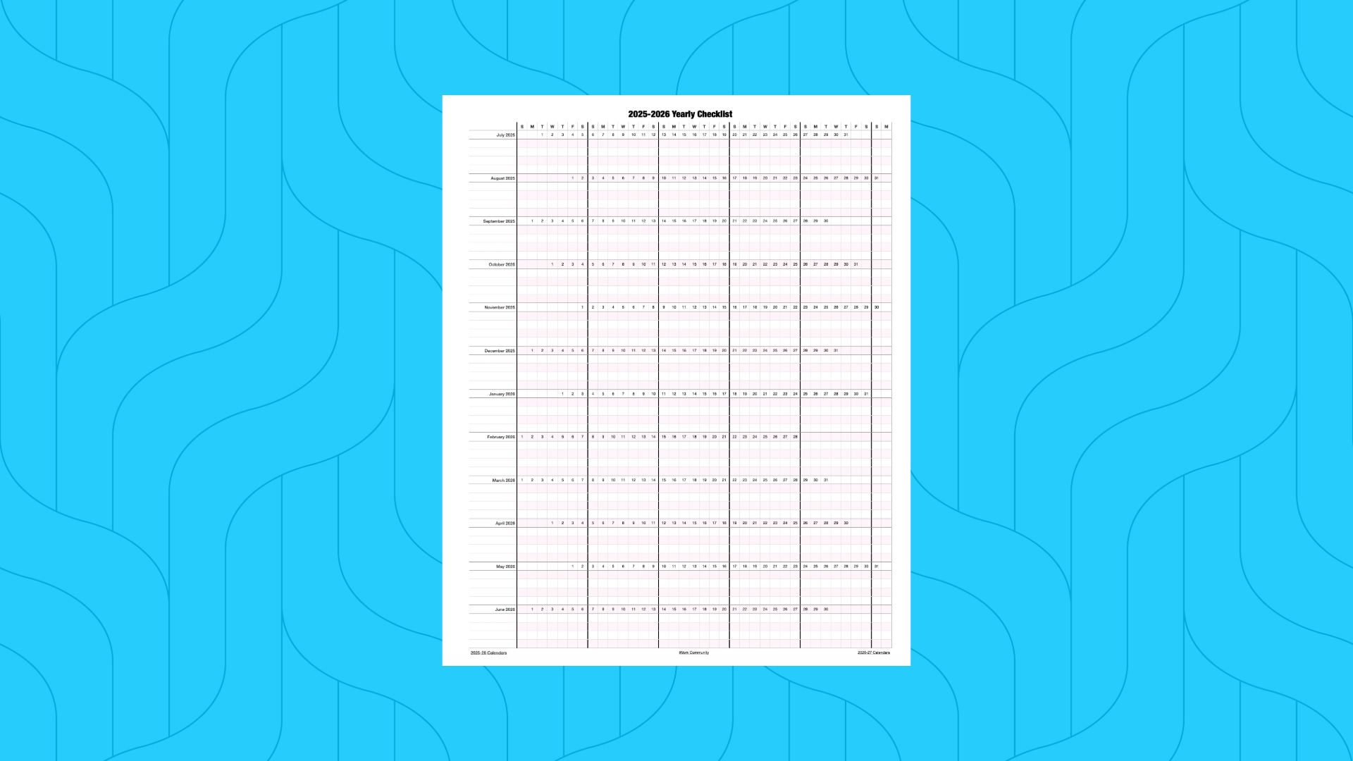 2025-2026 Vertical School Yearly Checklist Calendar Template for Numbers