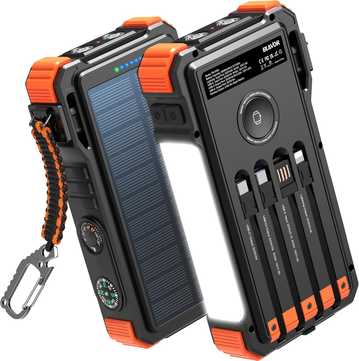 BLAVOR Solar Power Bank 20000mAh/74000mWh Built-in Cables