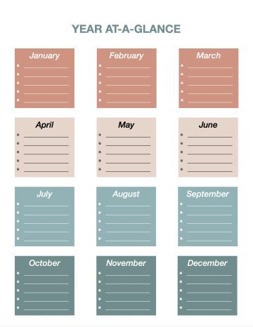 Boho undated year at-a-glance calendar planner